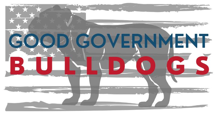 Good Government Bulldogs logo over a distressed American flag